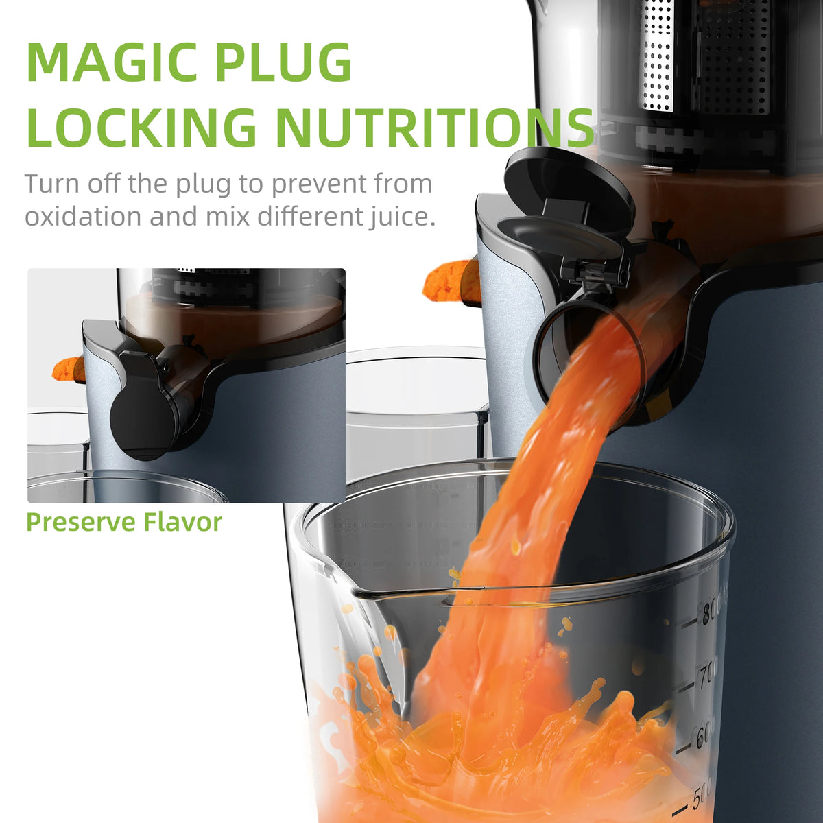 Juice outlet plug to mix juices without dripping