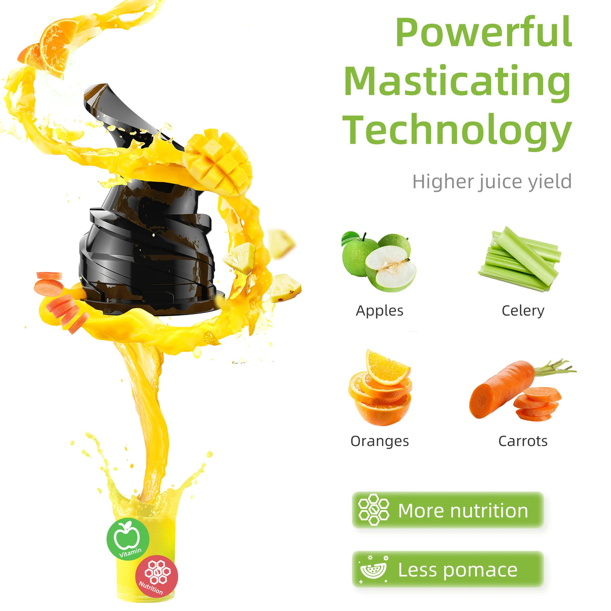 Slow masticating auger for higher juice yield