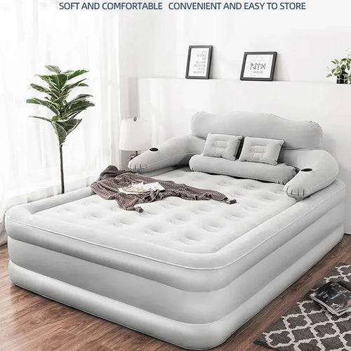 Inflatable double bed with pillows and backrest